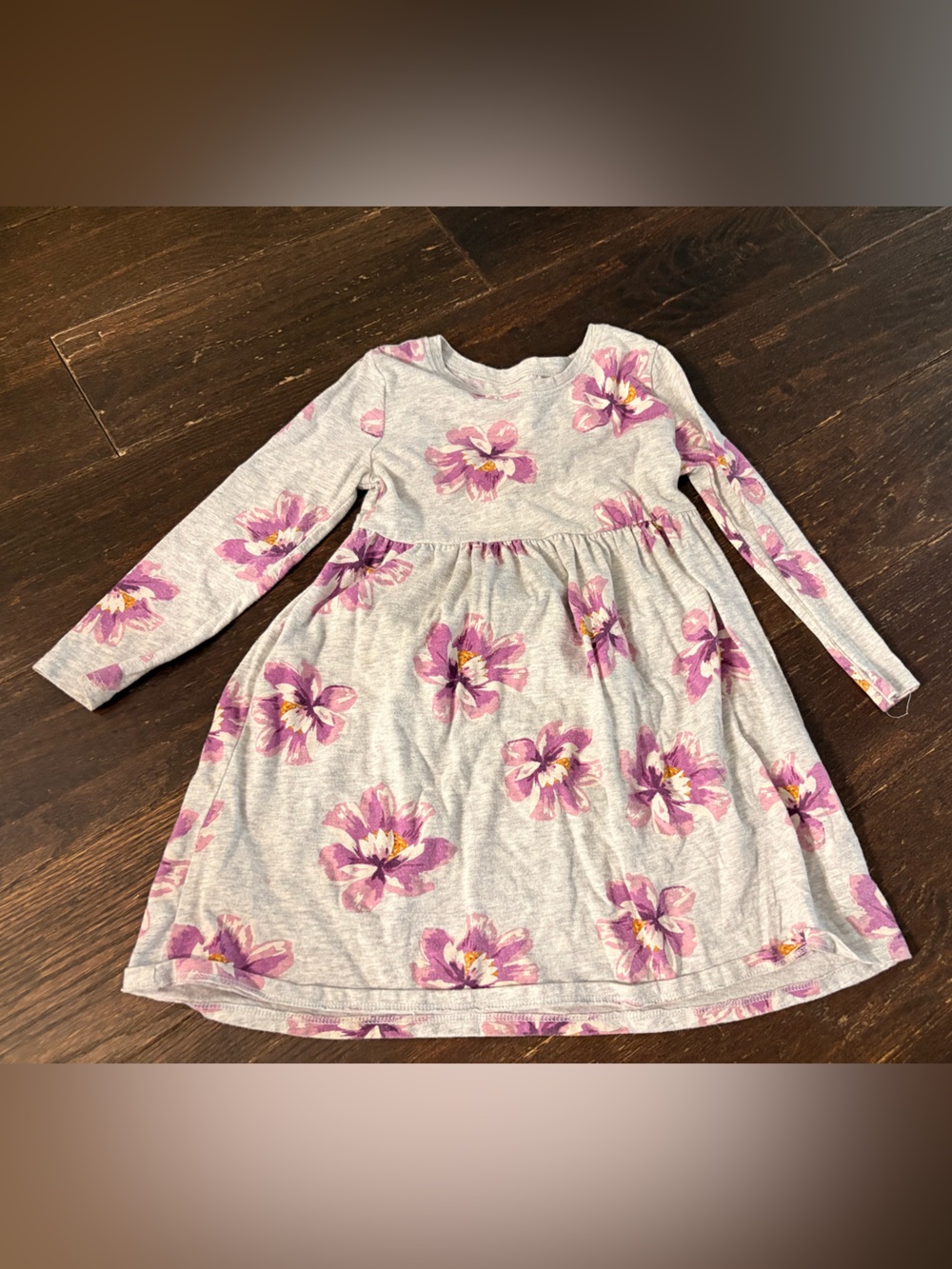 Gray Floral Long Sleeve Dress with Pink Lilac Blooms